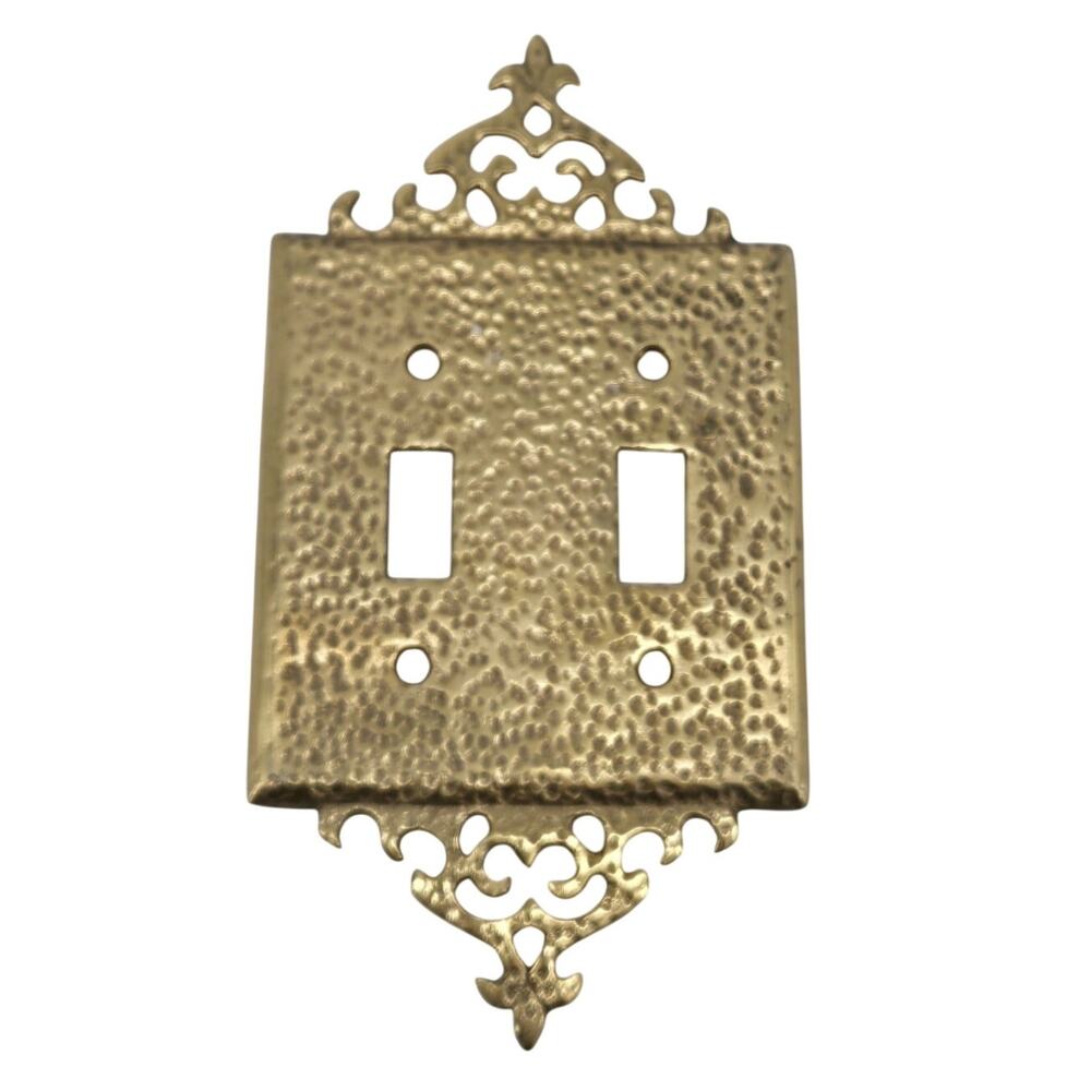 Mid Century Ornate Hammered Solid Brass Double Toggle Light Switch Plate Regency